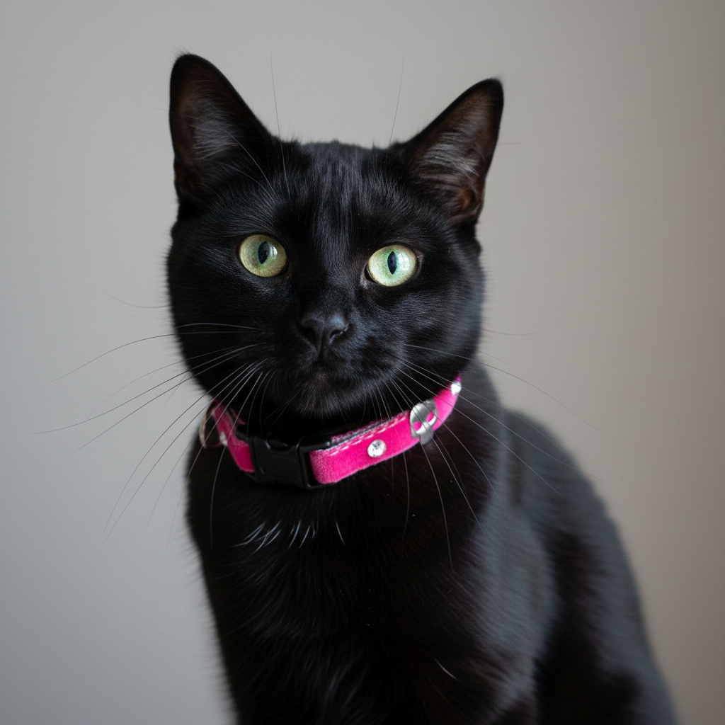 Black cat wearing a pink collar against a neutral background