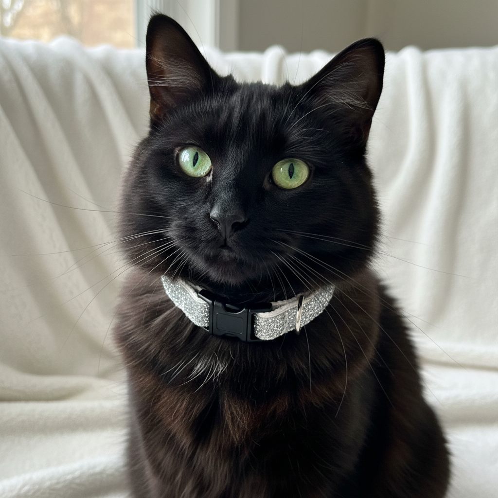 Black cat with a sparkly collar sitting on a white surface