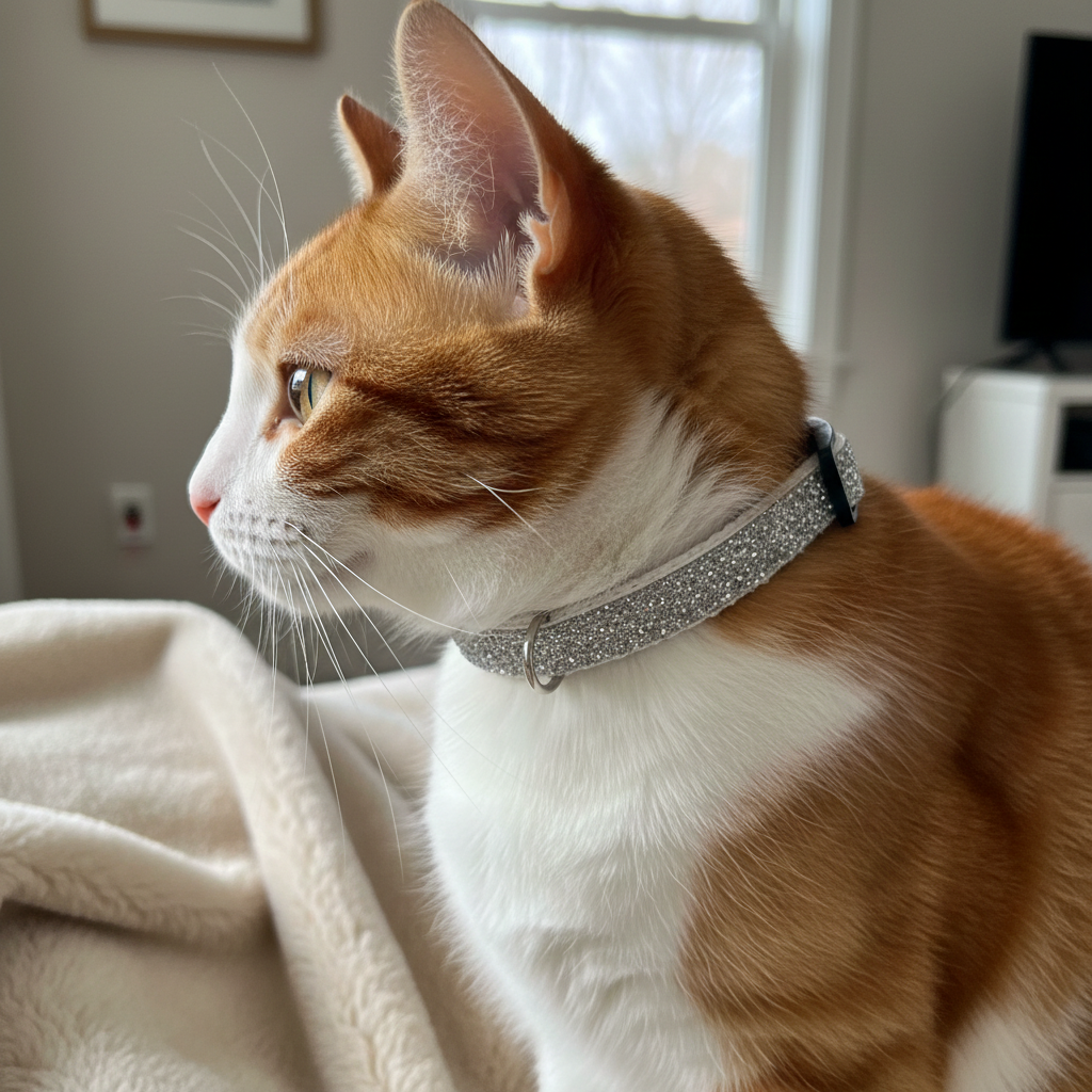 Orange and white cat wearing a sparkly collar sitting on a soft surface.