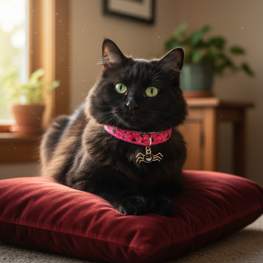 Spinnennetz-Katzenhalsband mit Glöckchen: Sicherheitsverschluss mit Sollbruchstelle