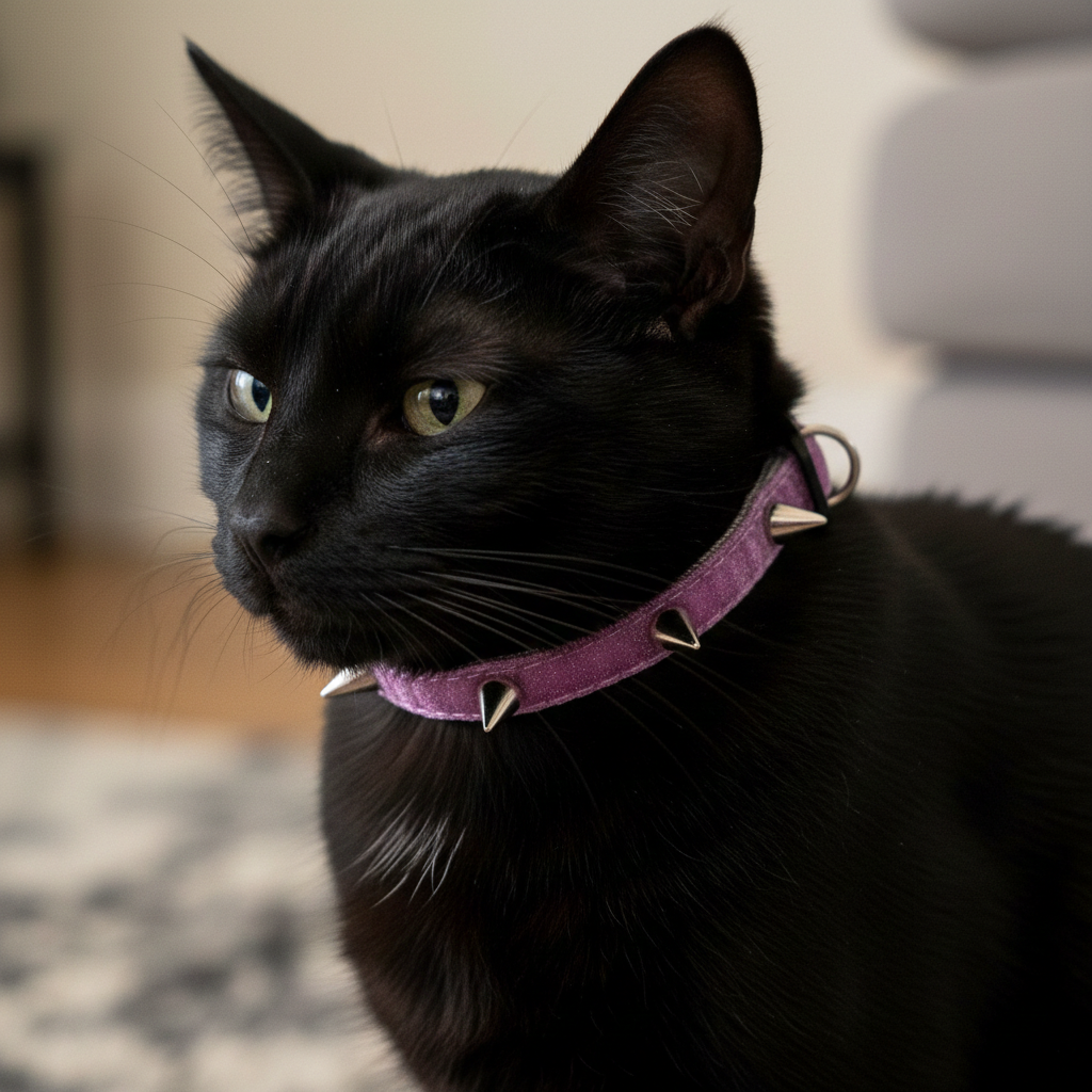 Samt-Katzenhalsband mit Nieten: Rocker-Katzenhalsband mit Glöckchen