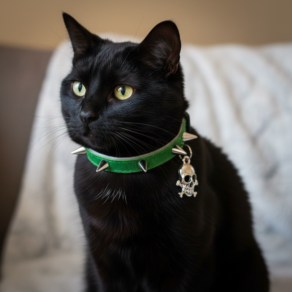 Samt-Katzenhalsband mit Nieten: Rocker-Katzenhalsband mit Glöckchen
