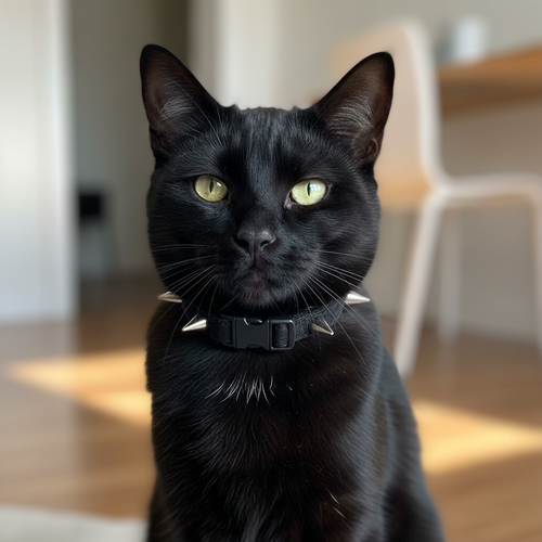 Black cat with a black spiked collar sitting indoors