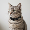 Cat wearing a black collar with spikes on a plain background