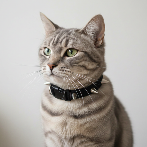 Cat wearing a black collar with spikes on a plain background