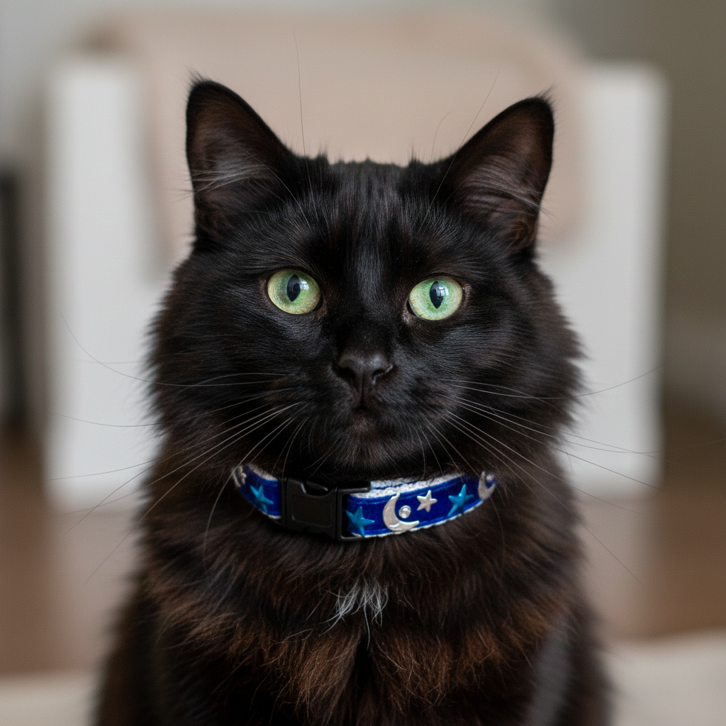 Black cat with a blue collar featuring stars and moons, sitting indoors.