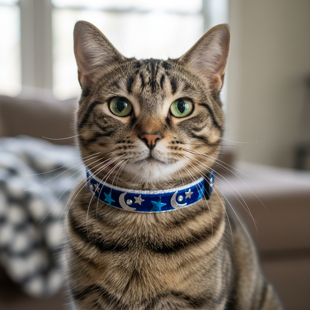 Cat wearing a blue collar with star pattern indoors