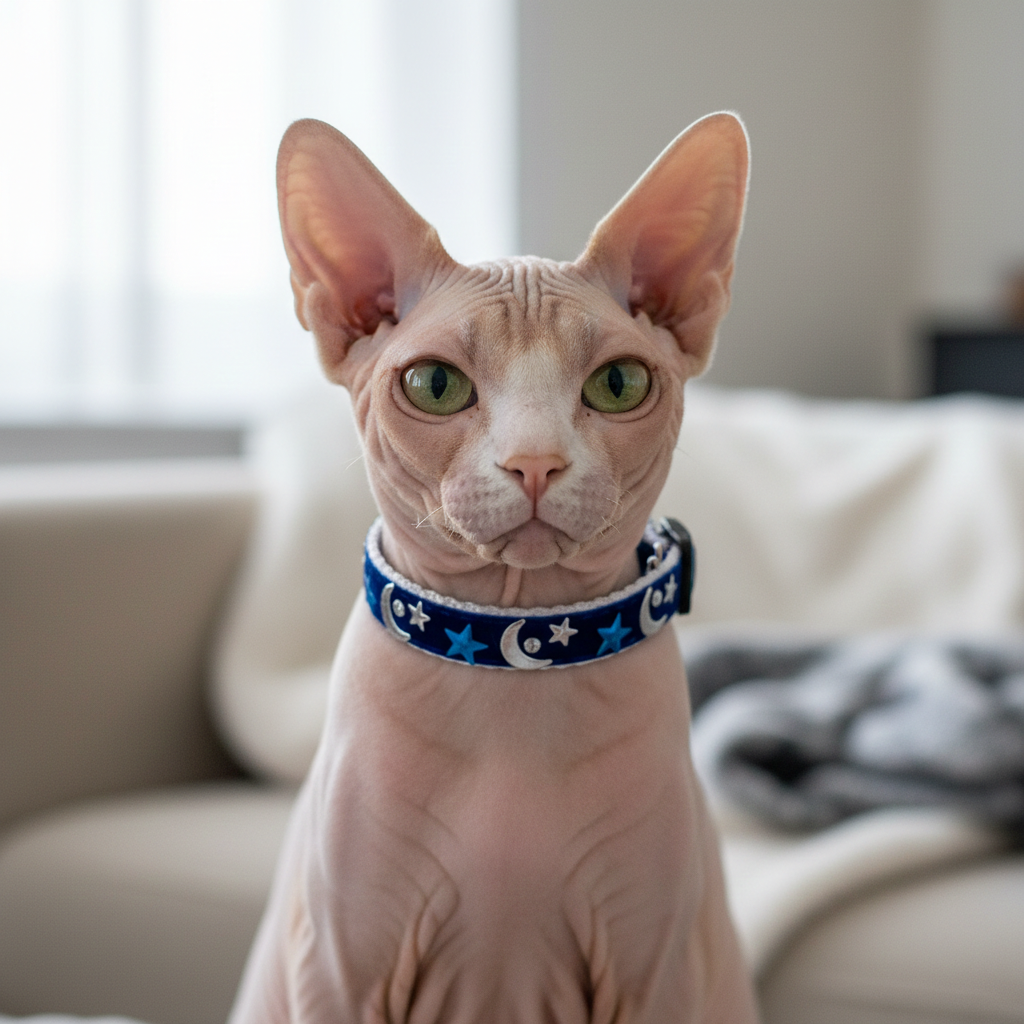 Sphynx cat wearing a blue collar with star and moon patterns indoors.