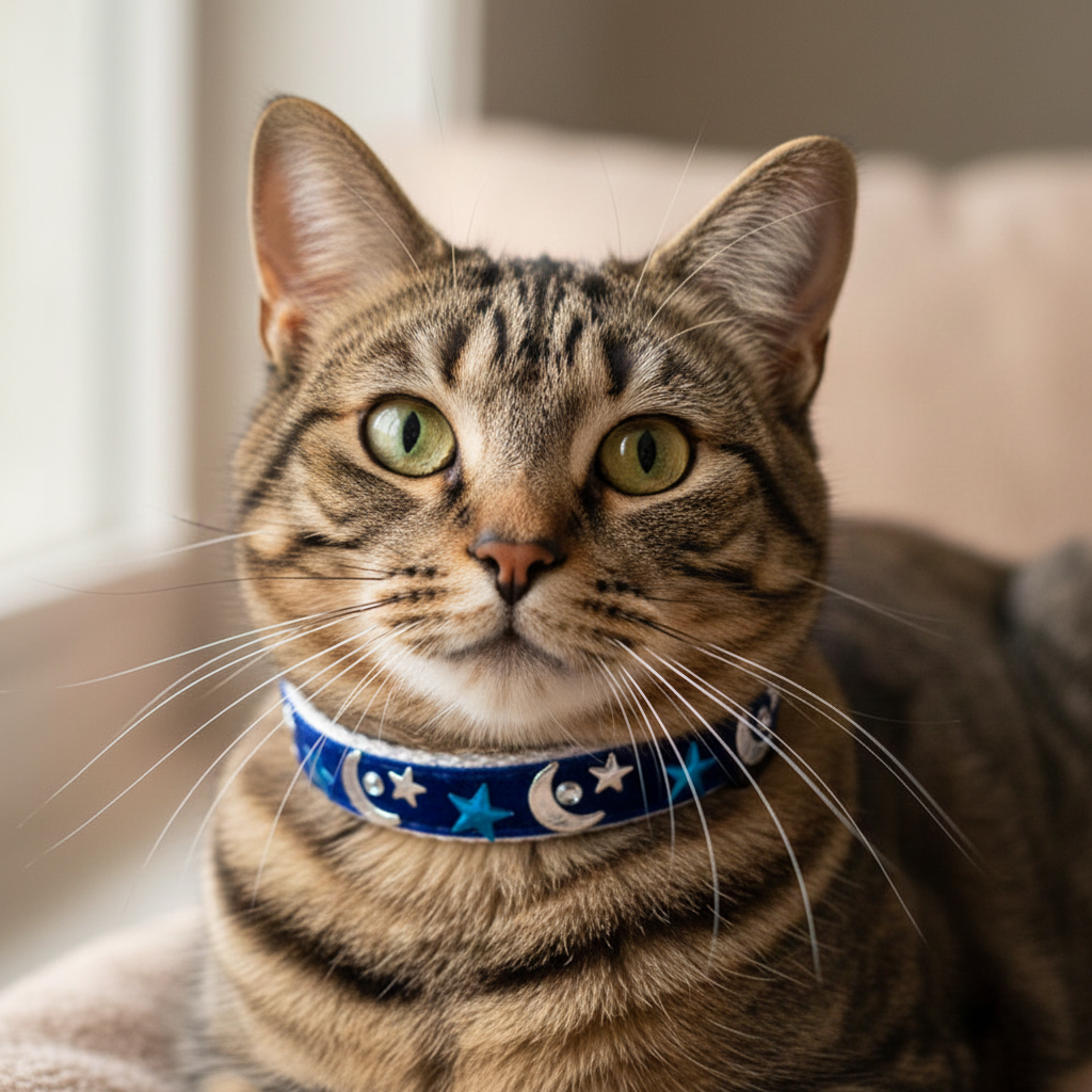 Cat wearing a blue collar with star and moon patterns, sitting indoors.