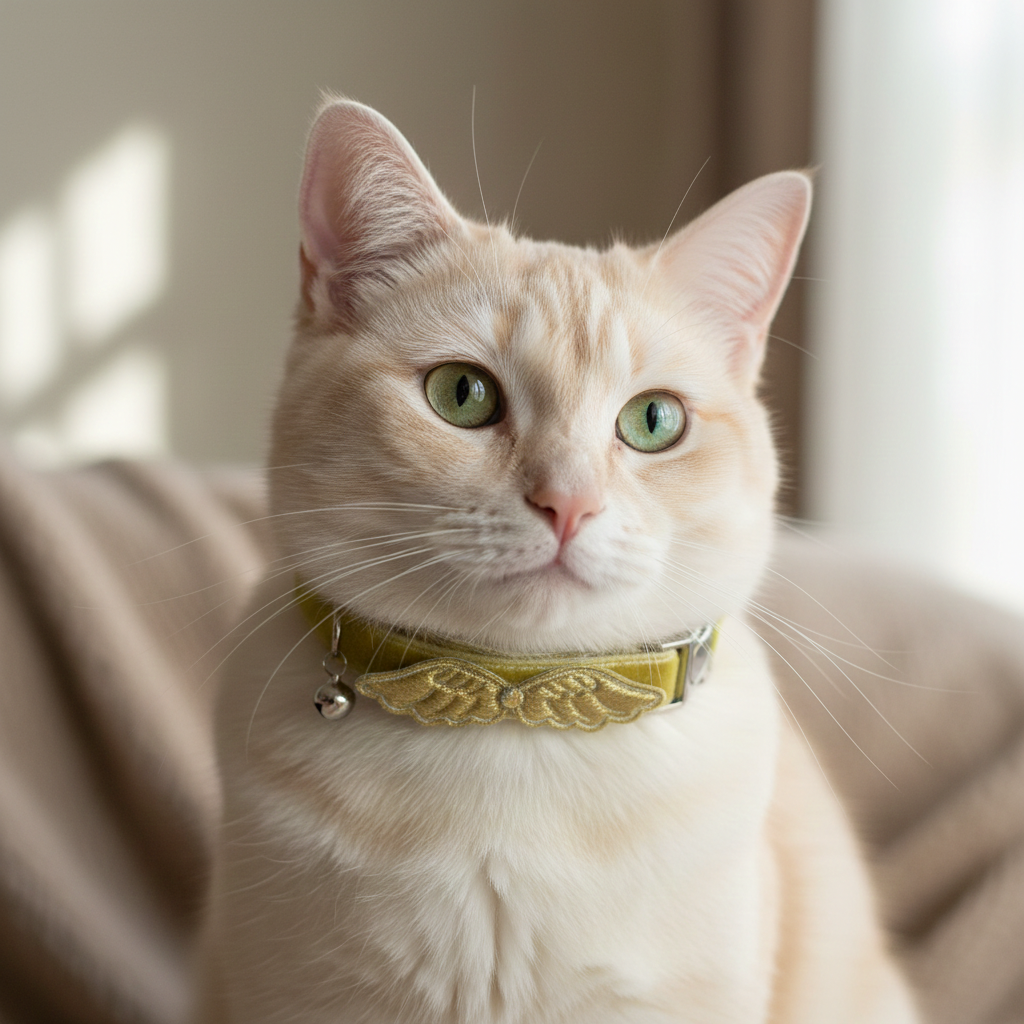 White cat with green eyes wearing a gold collar indoors