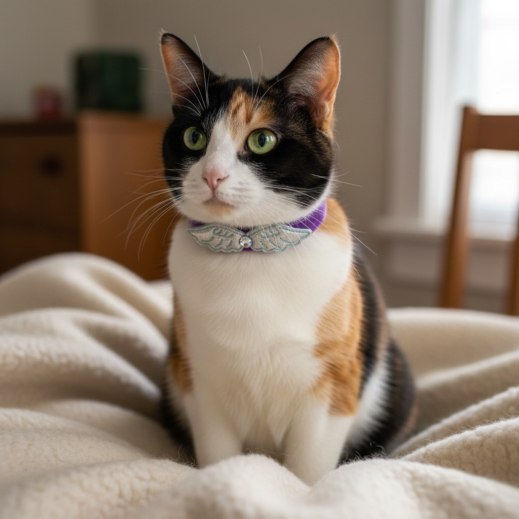 Calico cat wearing a purple collar sitting on a soft surface.