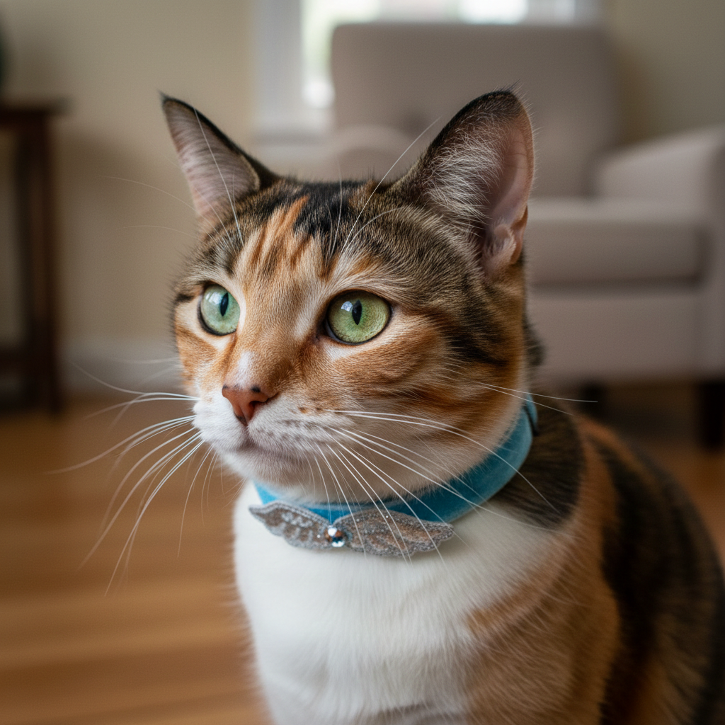 Calico cat with a blue collar sitting indoors.