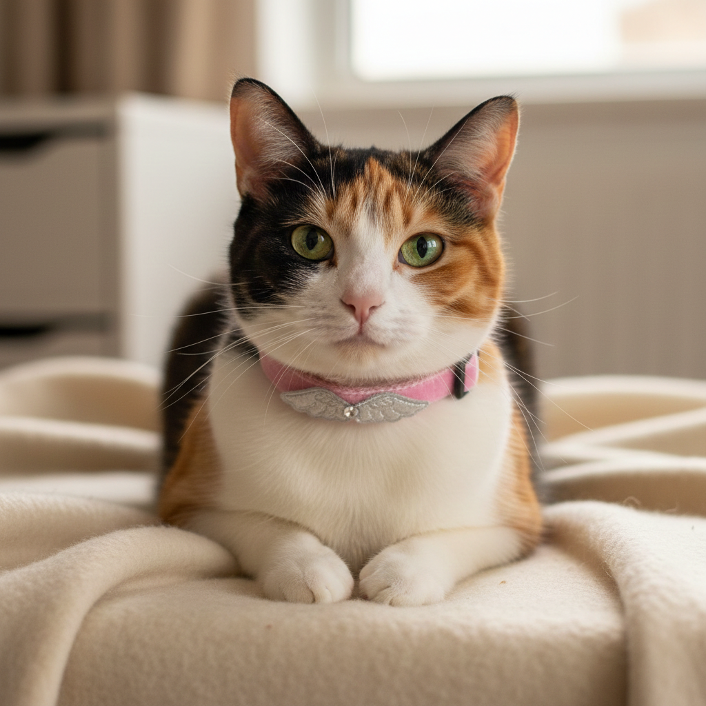 Calico cat with a pink collar sitting on a beige surface