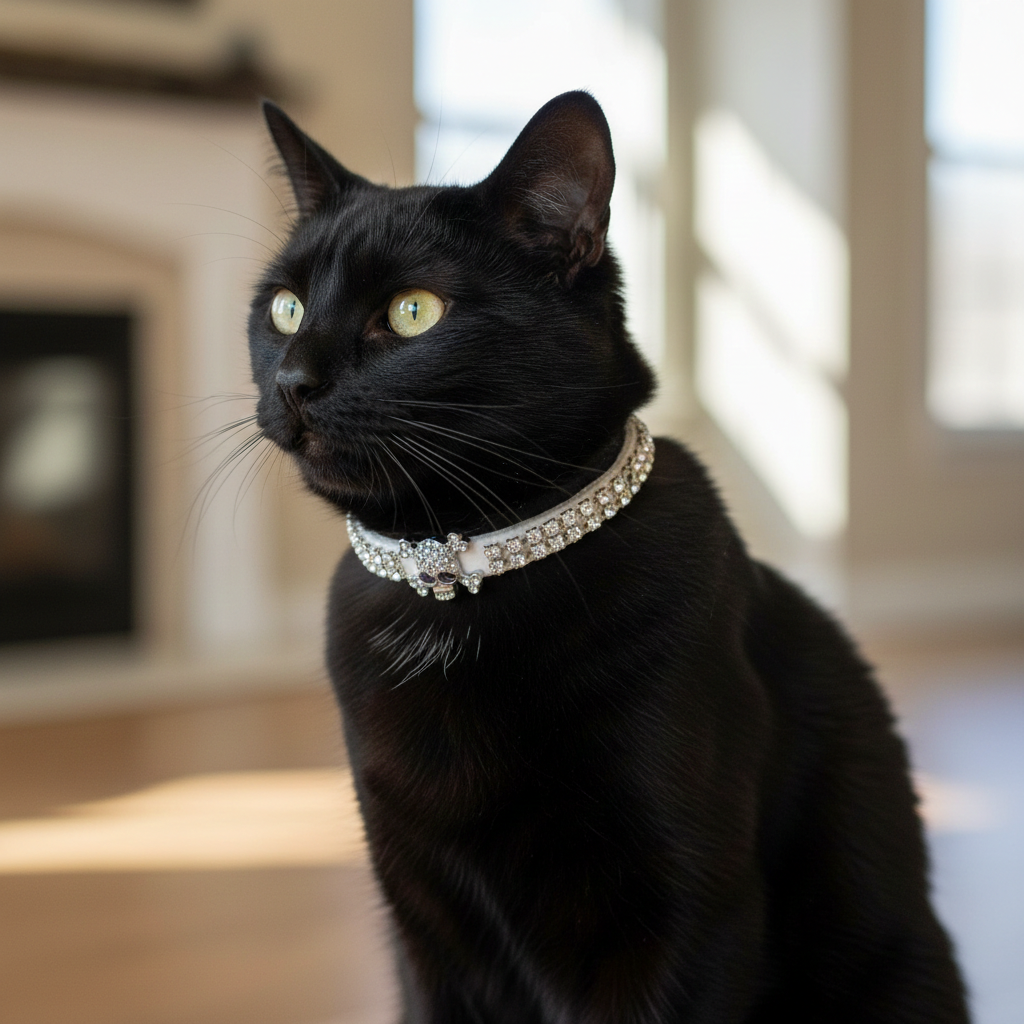Black cat wearing a decorative collar indoors