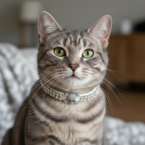 Cat wearing a decorative collar with a blurred background