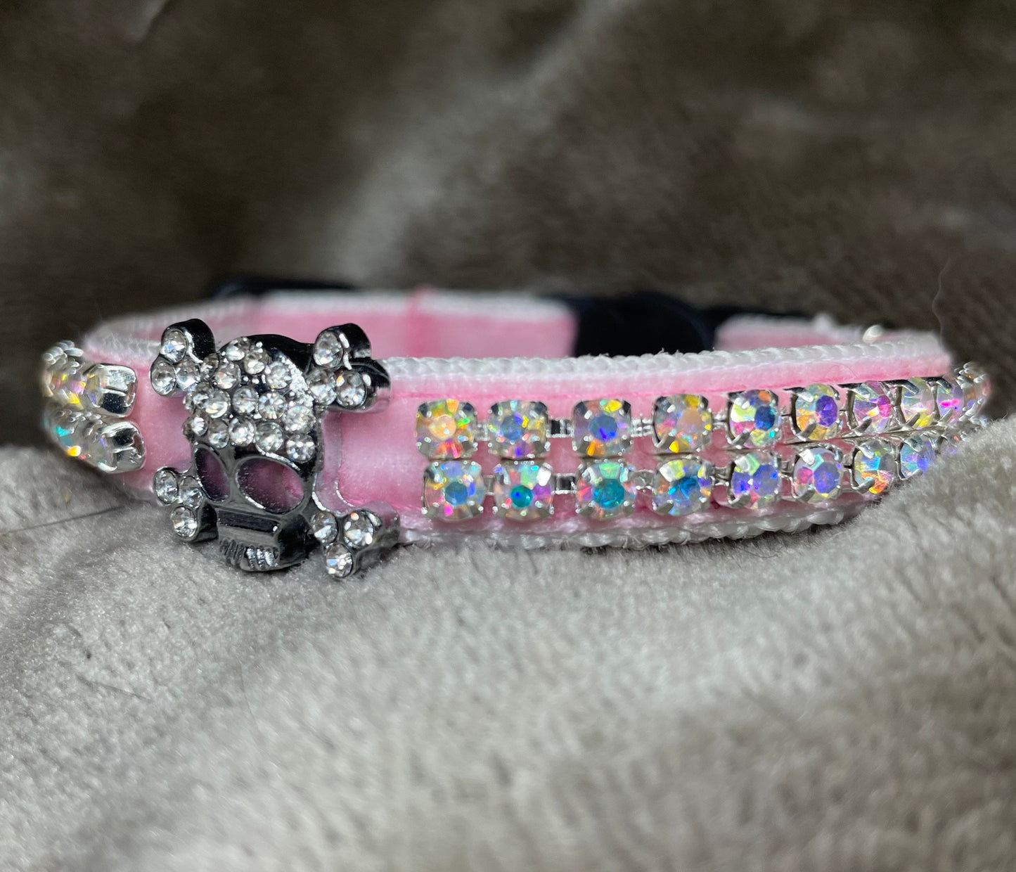 Pink Velvet Crystal Skull Cat Collar with two rows of diamantés