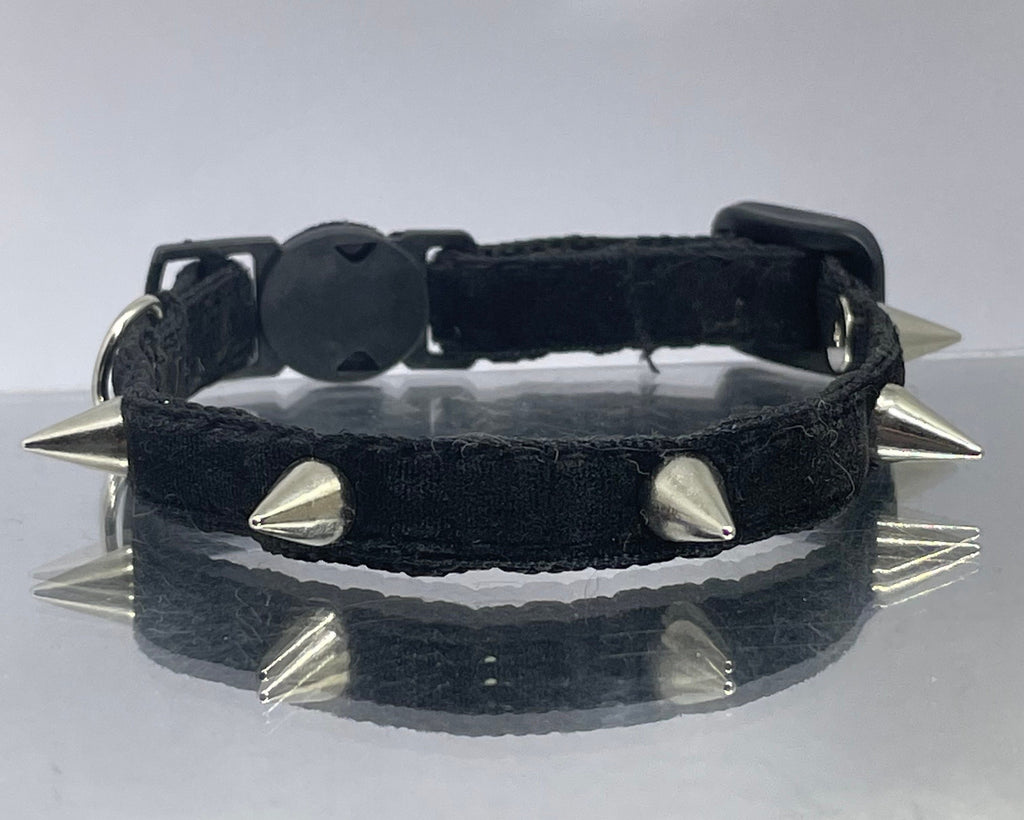 Black collar with silver spikes on a reflective surface