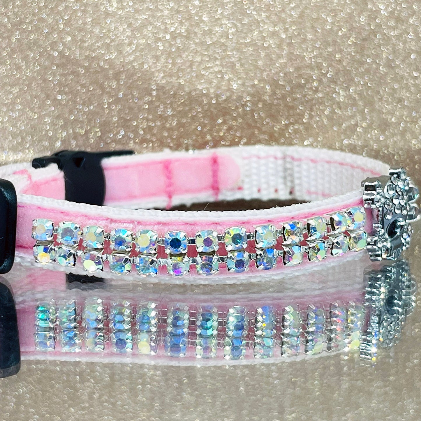 Pink Velvet Crystal Skull Cat Collar with two rows of diamantés