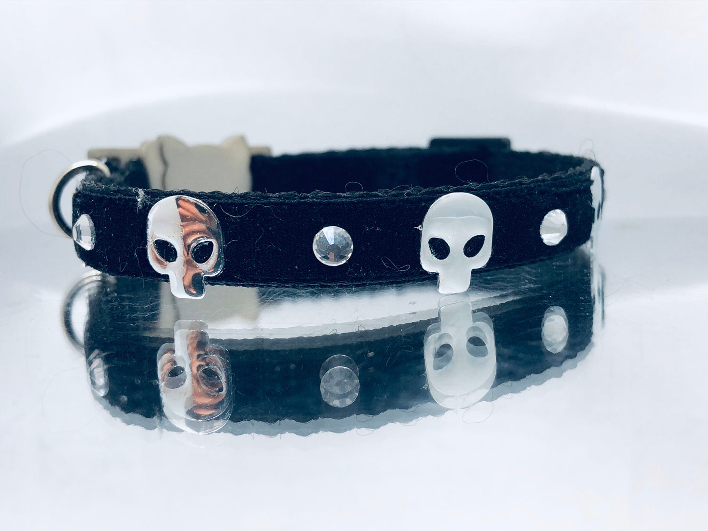 Black Velvet Goth Kitty Safety Collar with Silver  Skulls, Optional Diamantés & Bell