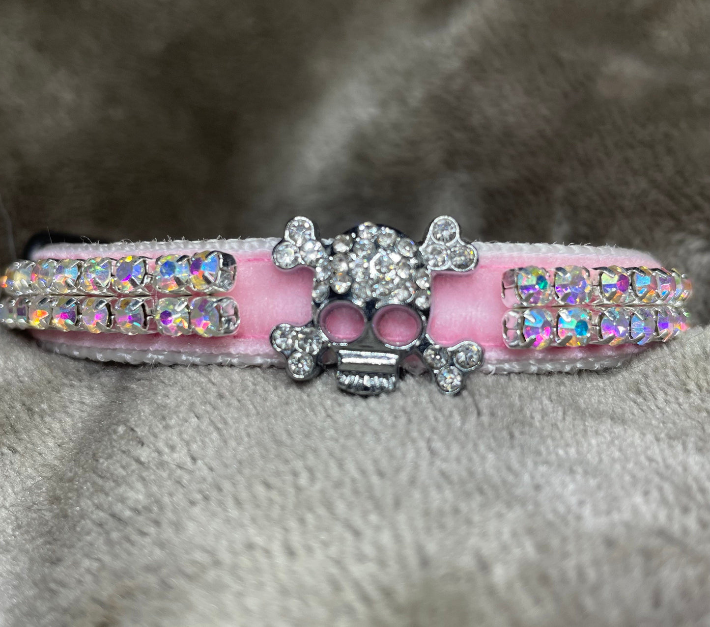 Pink Velvet Crystal Skull Cat Collar with two rows of diamantés