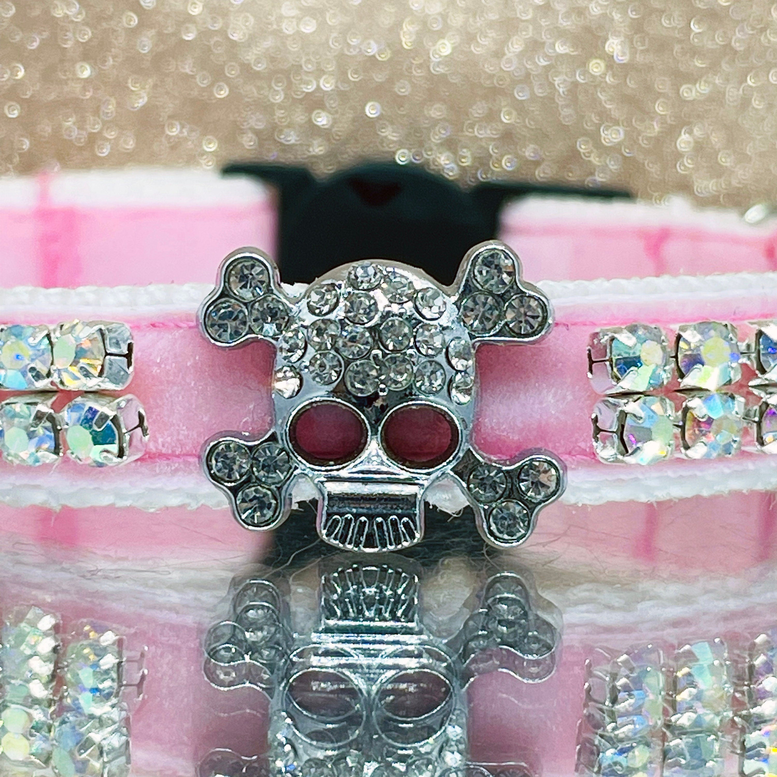 Halsband für Katzen, rosa Samt mit Totenkopf-Kristallen und zwei Reihen Strass