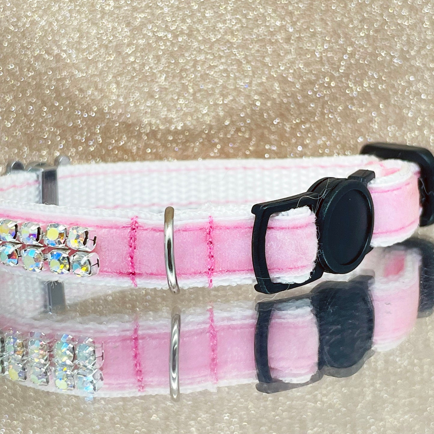 Pink Velvet Crystal Skull Cat Collar with two rows of diamantés