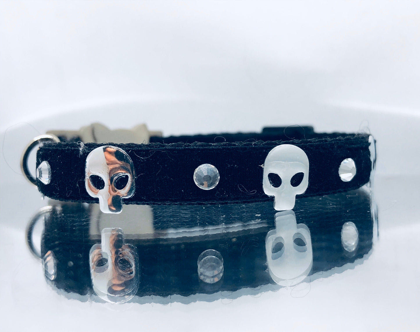 Black Velvet Goth Kitty Safety Collar with Silver  Skulls, Optional Diamantés & Bell