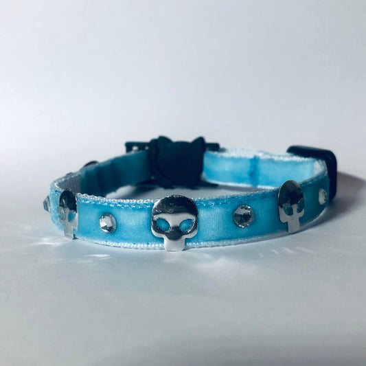 Cat Collar - Baby Blue Velvet Goth Kitty Safety Collar with Bell
