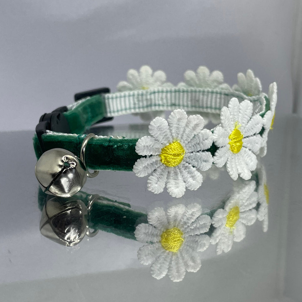 Green Velvet with Daisies Safety Cat Collar with bell